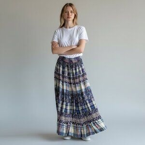 Tangibles: Blue Plaid & Paisley Tiered Maxi Skirt, Size Medium